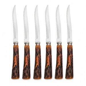 Forgecraft Vintage Steak Knife Set 6pc 8.5in Stainless Faux Stag Horn Excellent